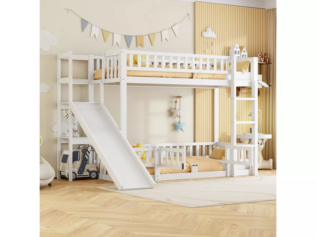 Lits superposés 2 x 90 x 200 cm avec toboggan, étagères et barrières de protection - Pin+MDF - pour enfant - Blanc (sans matelas)