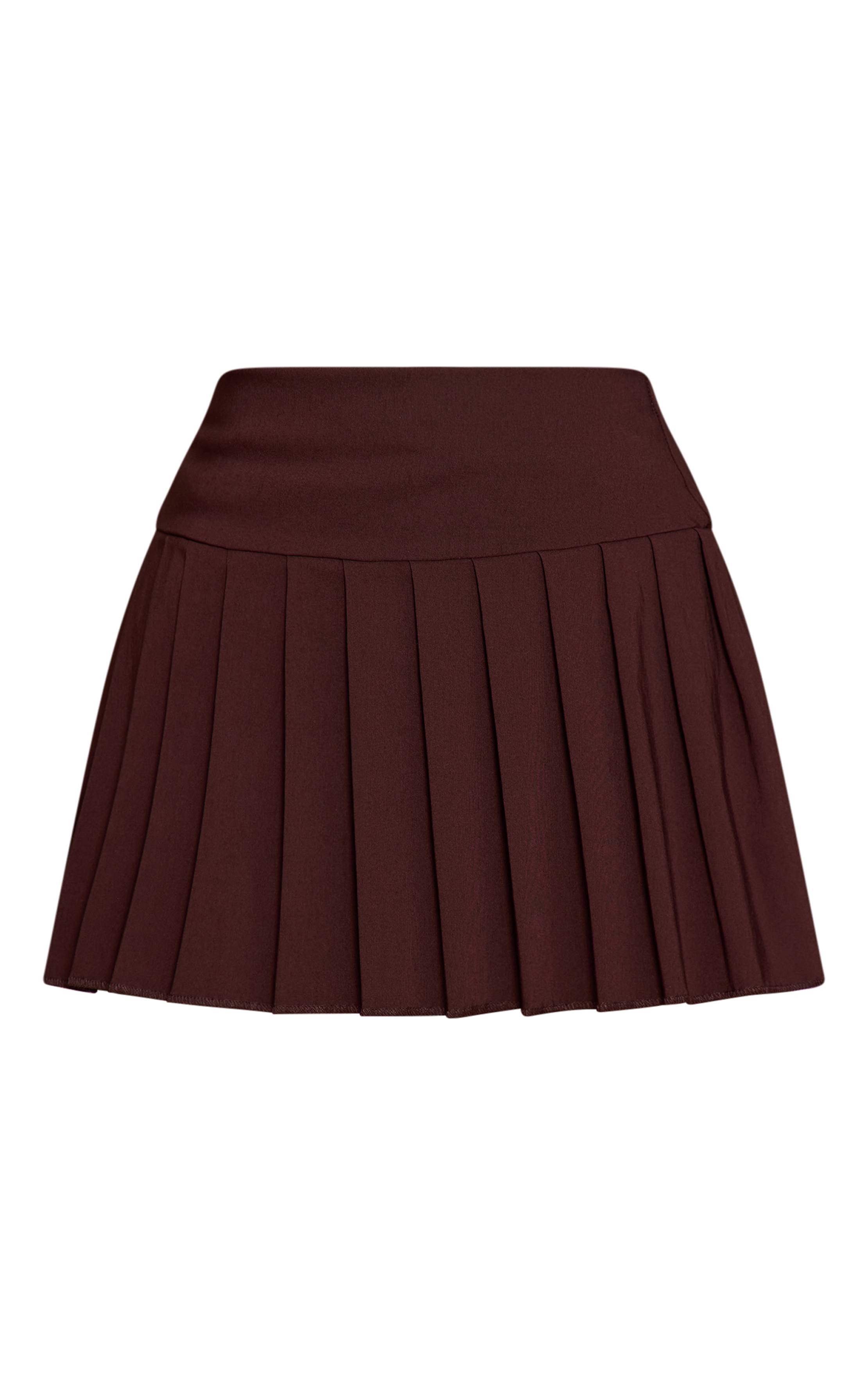 Marron Mini Jupe Plissée Taille Basse En Tissu Extensible Tissé Petite Taille