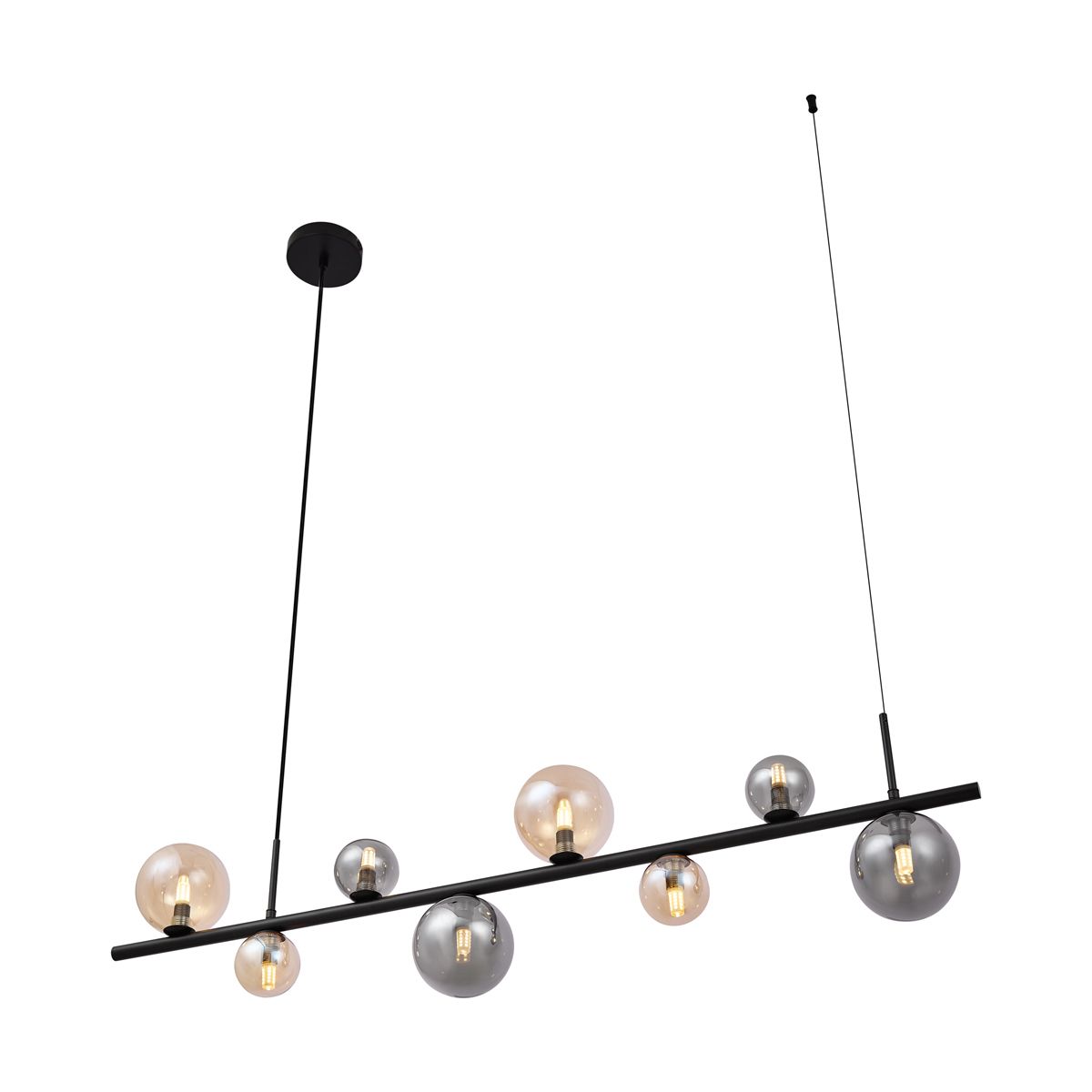 Hanglamp zwart met smoke en amber glas langwerpig 8-lichts - Monaco