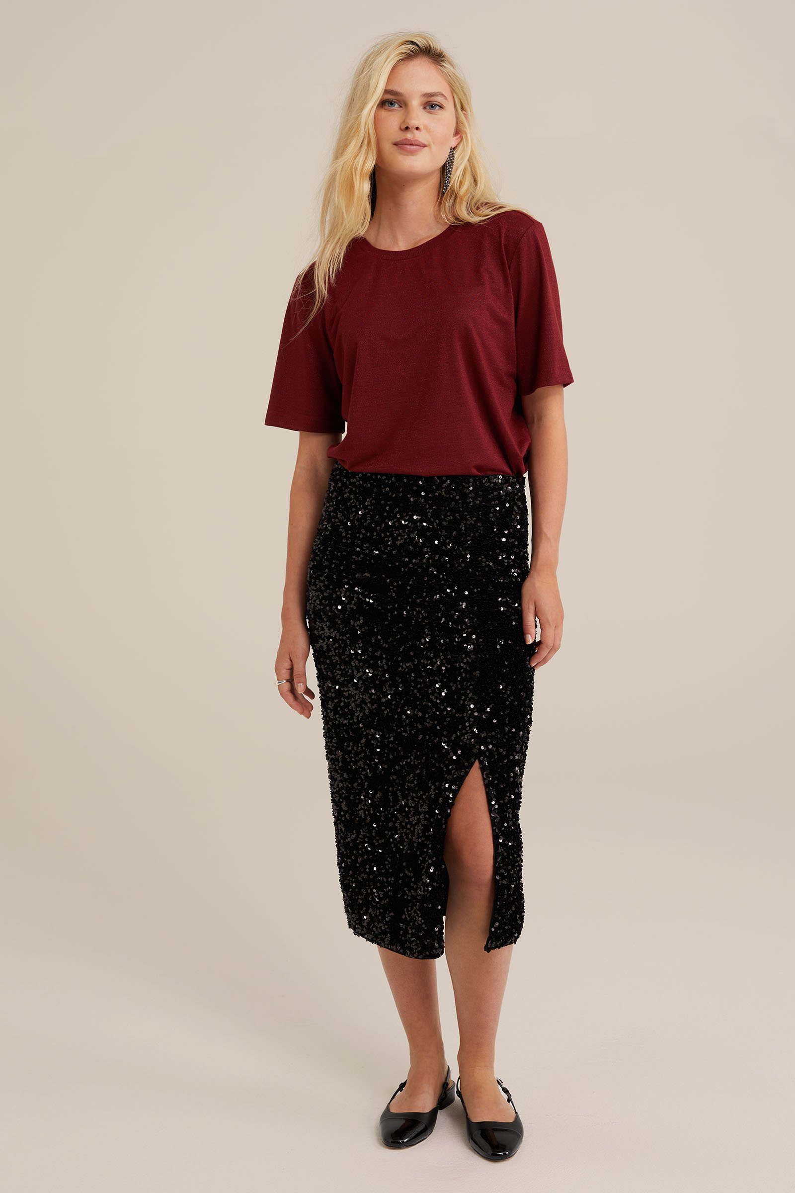 T-shirt met glittergaren WE Fashion Bordeauxrood