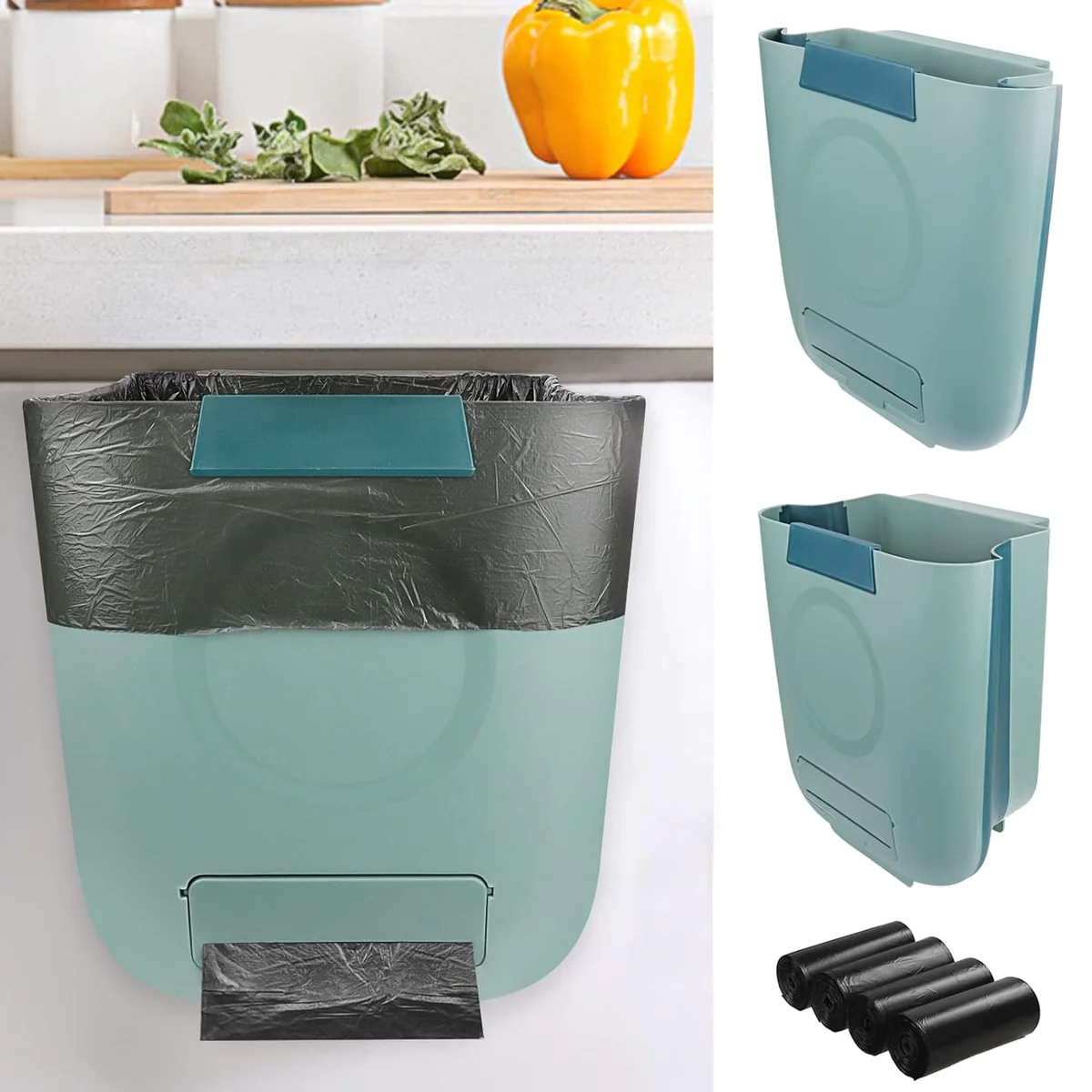 Poubelle de cuisine pliable de 8L Avec 80 sacs poubelle vert Vendos85