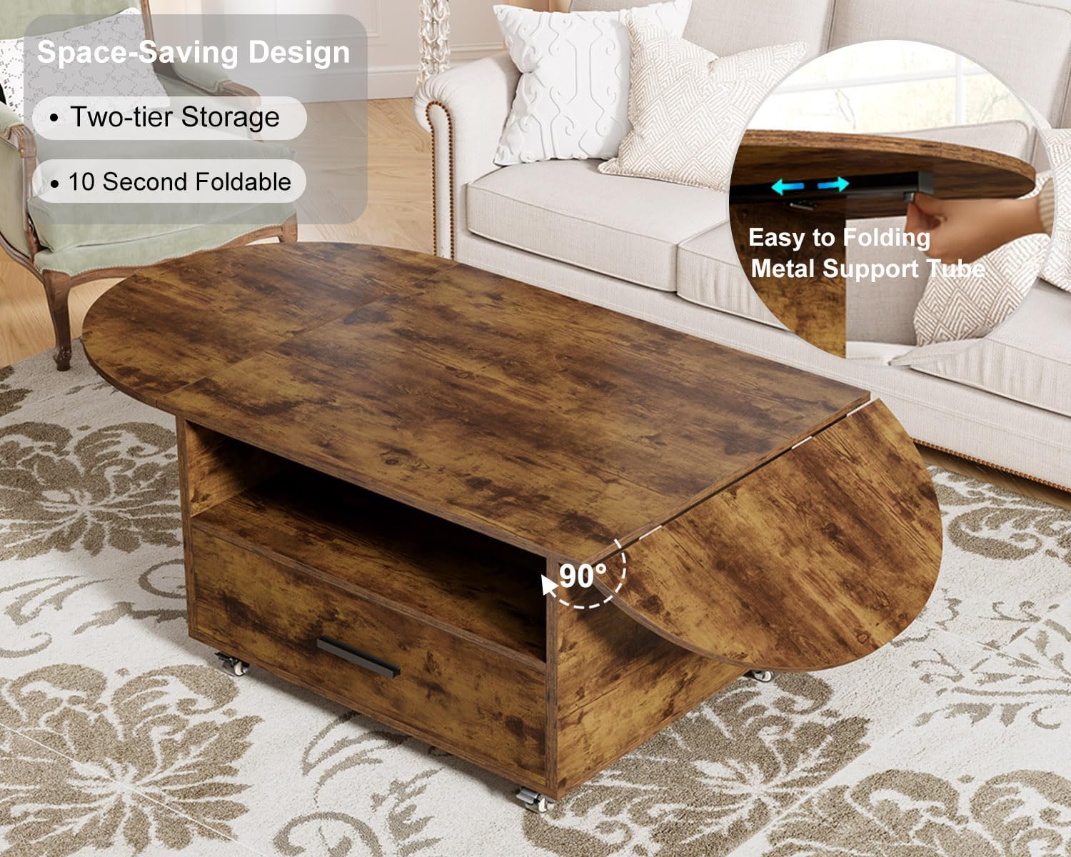 IBF Couchtisch Mit Schublade Stauraum Holz Oval Couchtisch Wohnzimmer Tisch Modern Ausziehbarer Mitteltisch Für Schlafzimmer Multifunktional Rollbarer Teetisch Beistelltische Rustikal Braun 120 cm