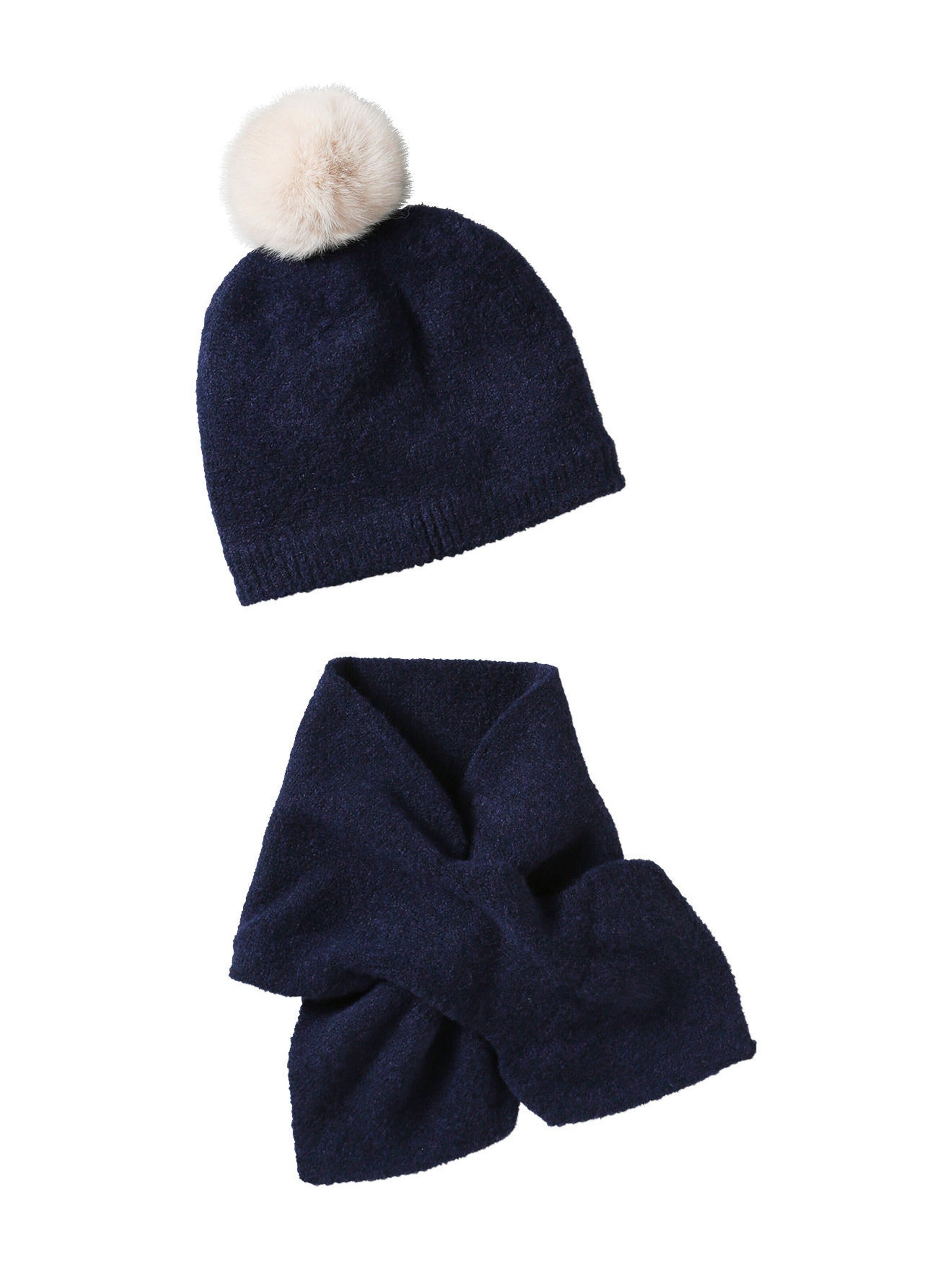 Vertbaudet Mädchen-Set: Pompon-Mütze & Schal aus Strick marine