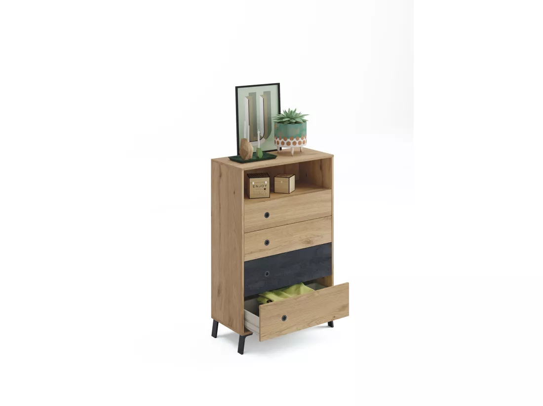 Commode coloris chêne doré / imitation marbre - Hauteur 120 x Longueur 74 x Profondeur 40 cm