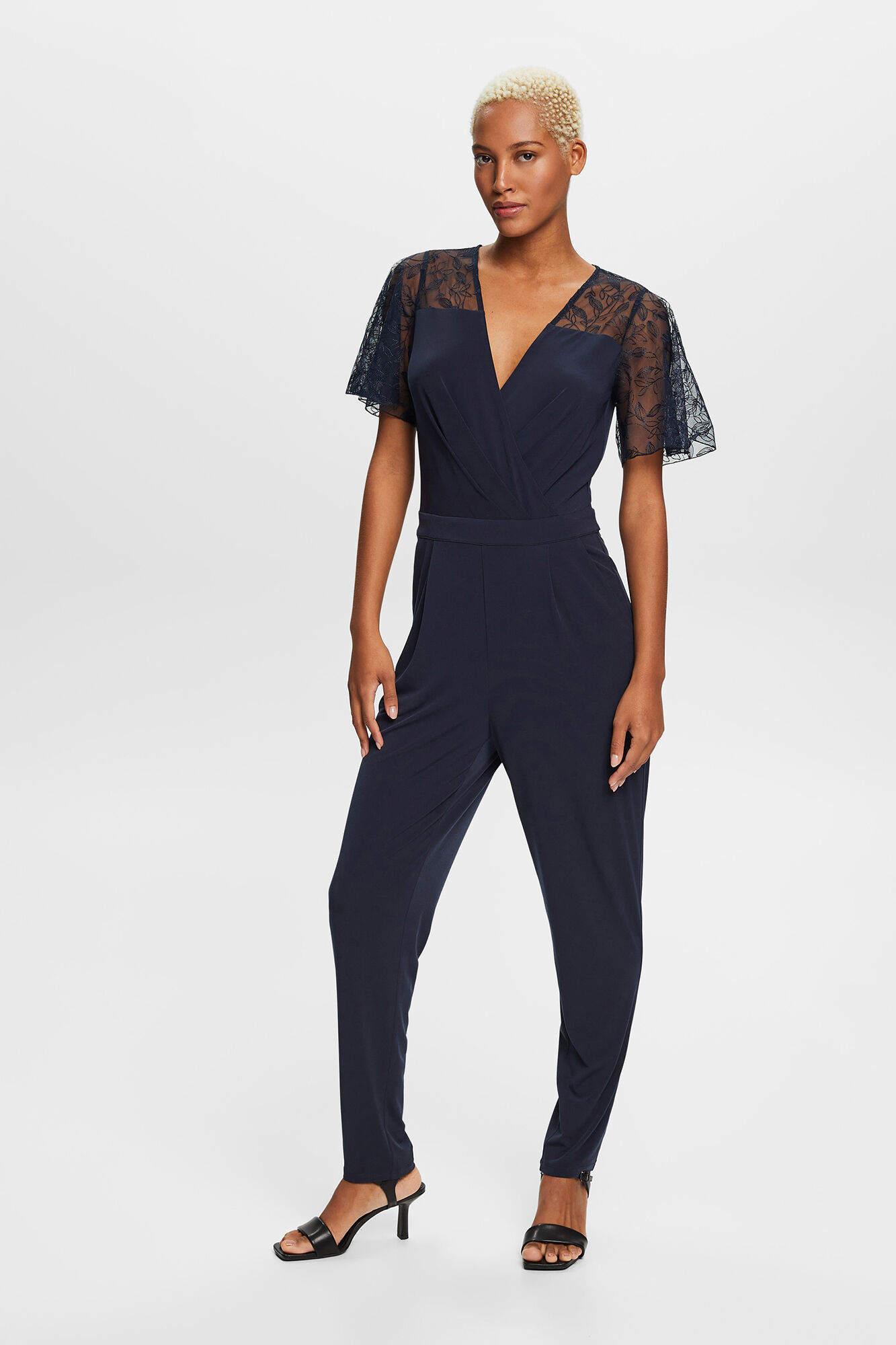 Camisola longa de renda floral com elastano - Azul Marinho