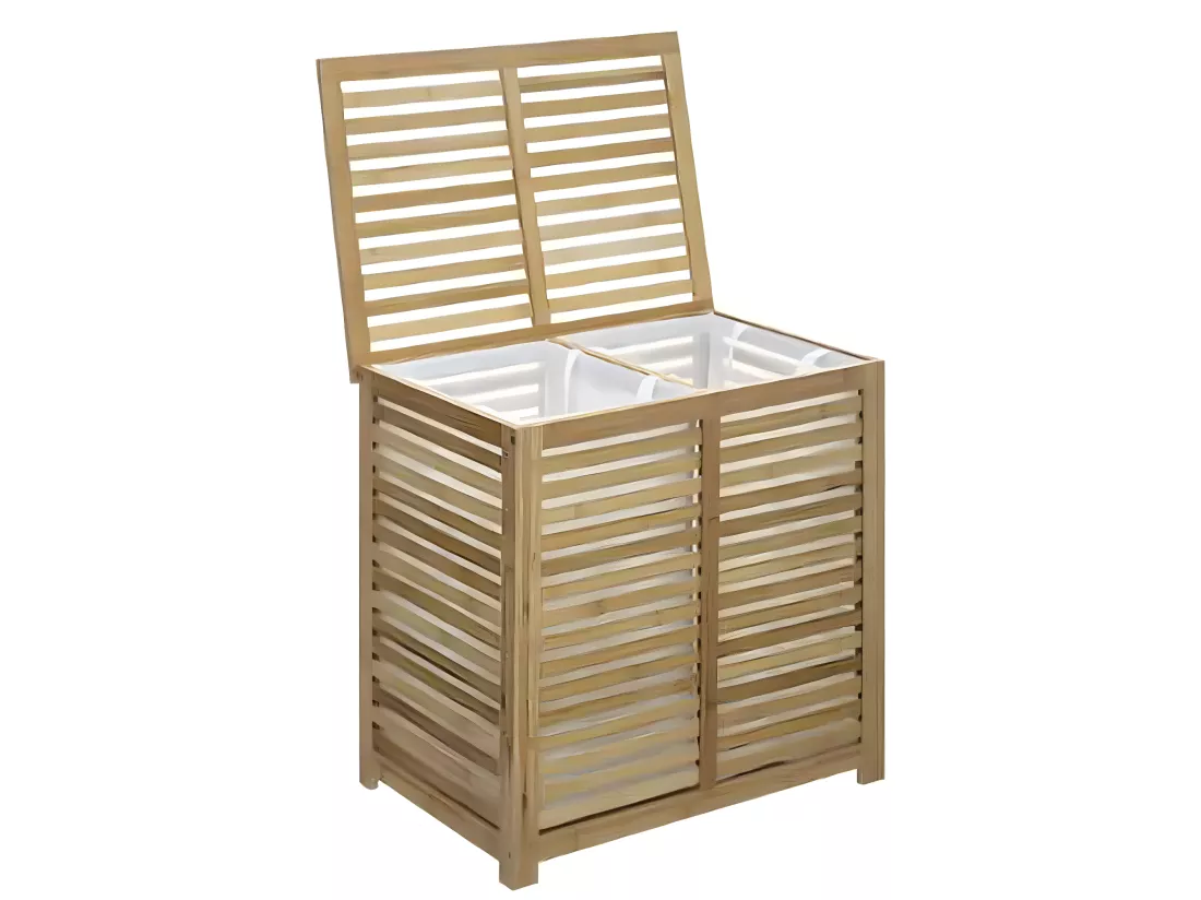 Panier à linge double en bambou naturel - L.60 x l.40 x H.58 cm