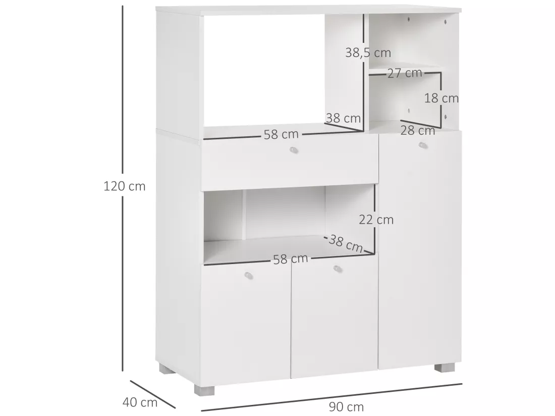 Meuble de cuisine multi-rangements 2 placards 4 niches tiroir coulissant dim. 90L x 40l x 120H cm panneaux particules blanc