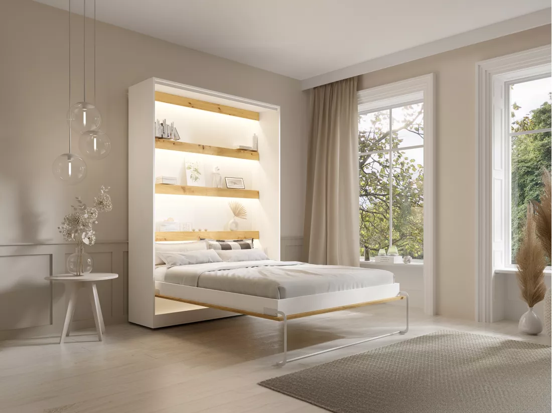 Lit escamotable 140 x 200 cm - Ouverture verticale manuelle - Avec LEDs - Blanc et naturel - RAPILI