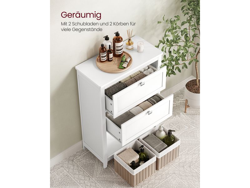 VASAGLE Badezimmer-Schrank 30 x 80 cm, Weiss Schrank für das Badezimmer mit 2 Schubladen und 2 Körben