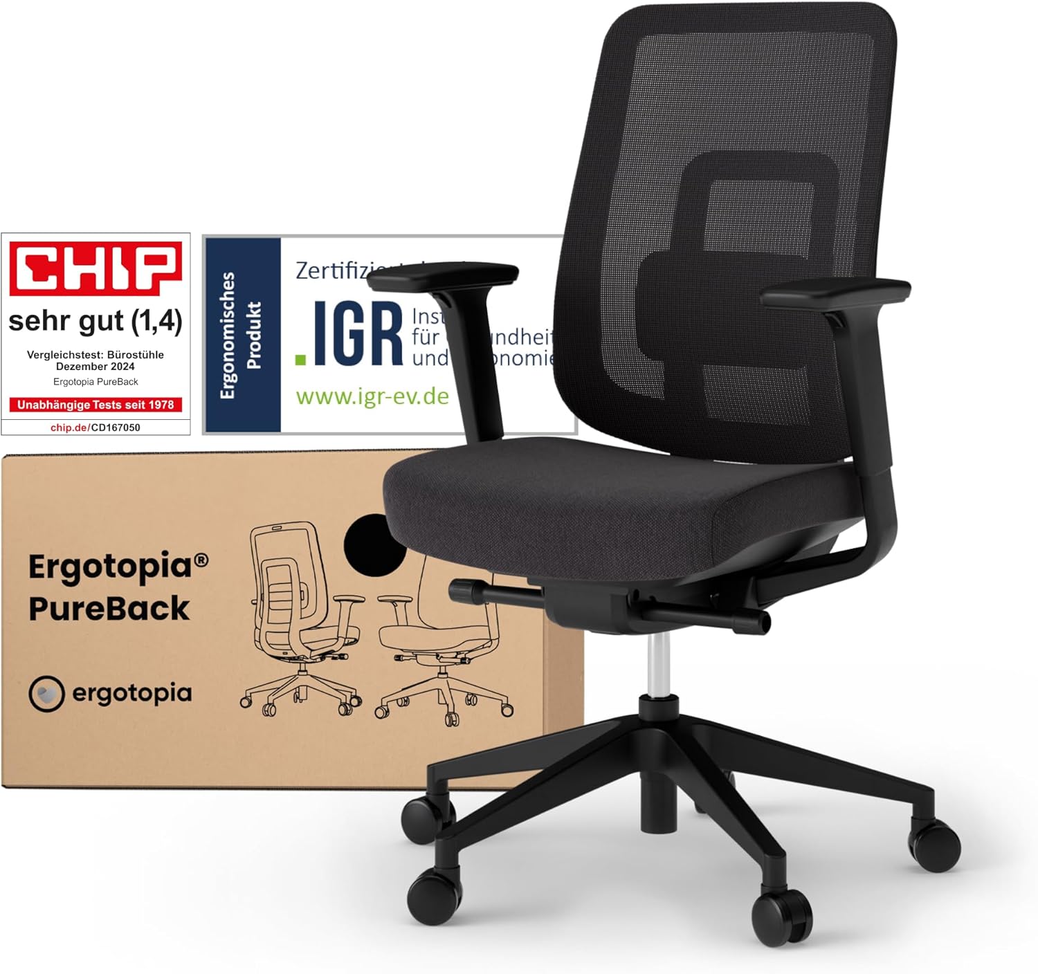 Ergotopia PureBack ergonomischer Bürostuhl – Schreibtischstuhl ergonomisch mit 4D-Armlehnen & Synchronmechanik – Bürostuhl ergonomisch Testsieger – Bequemer Büro Drehstuhl für gesundes Sitzen