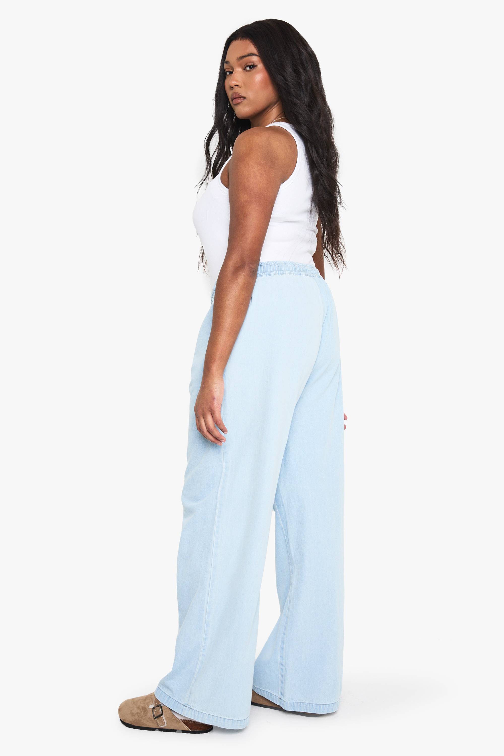 boohoo Pantalon à jambes larges en chambray avec cordon de serrage