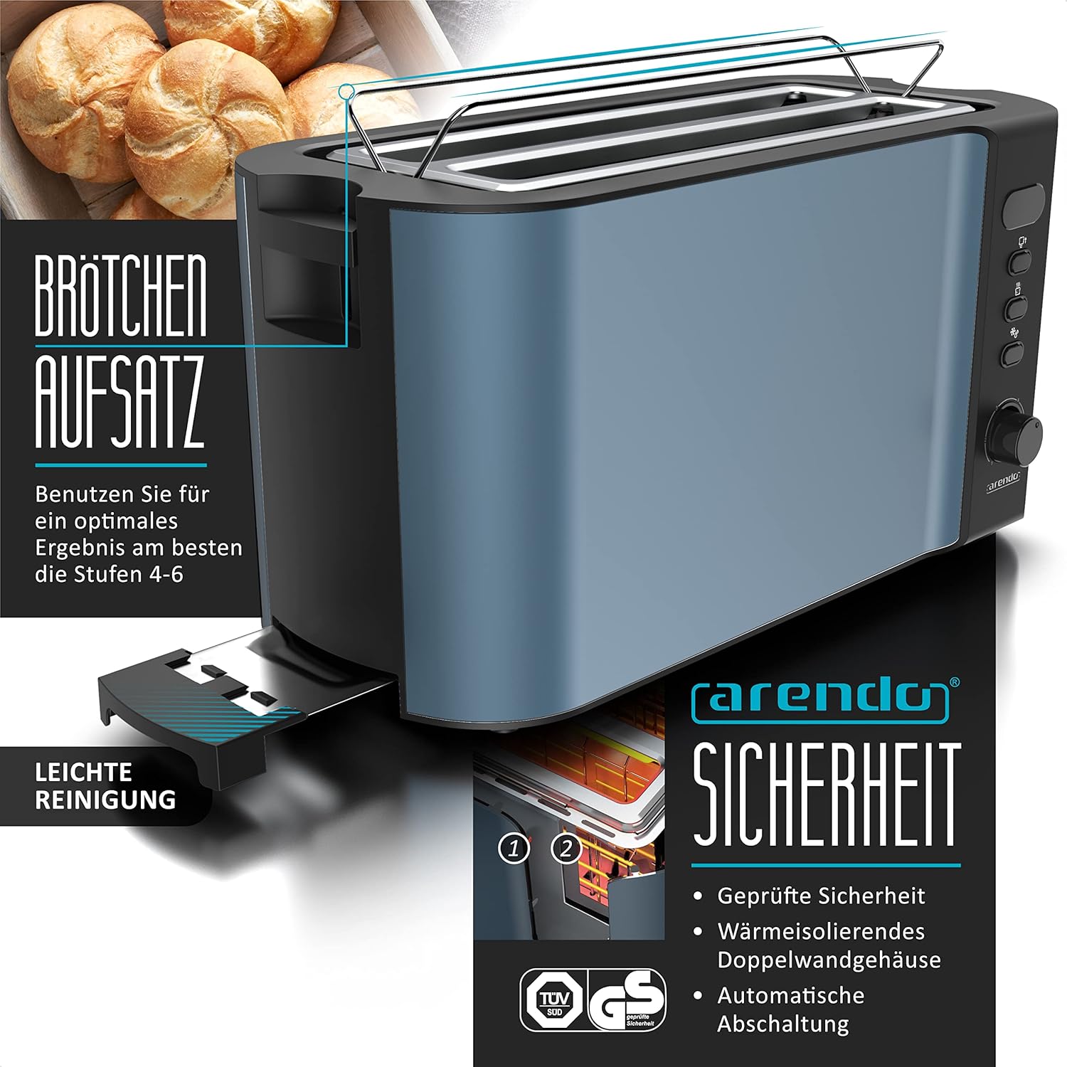 Arendo - Wasserkocher mit Toaster SET Edelstahl Blau, Wasserkocher 1,5L, 40° - 100°C Warmhaltefunktion Toaster 4 Scheiben LED-Display 6 Bräunungsgrade Brötchaufsatz