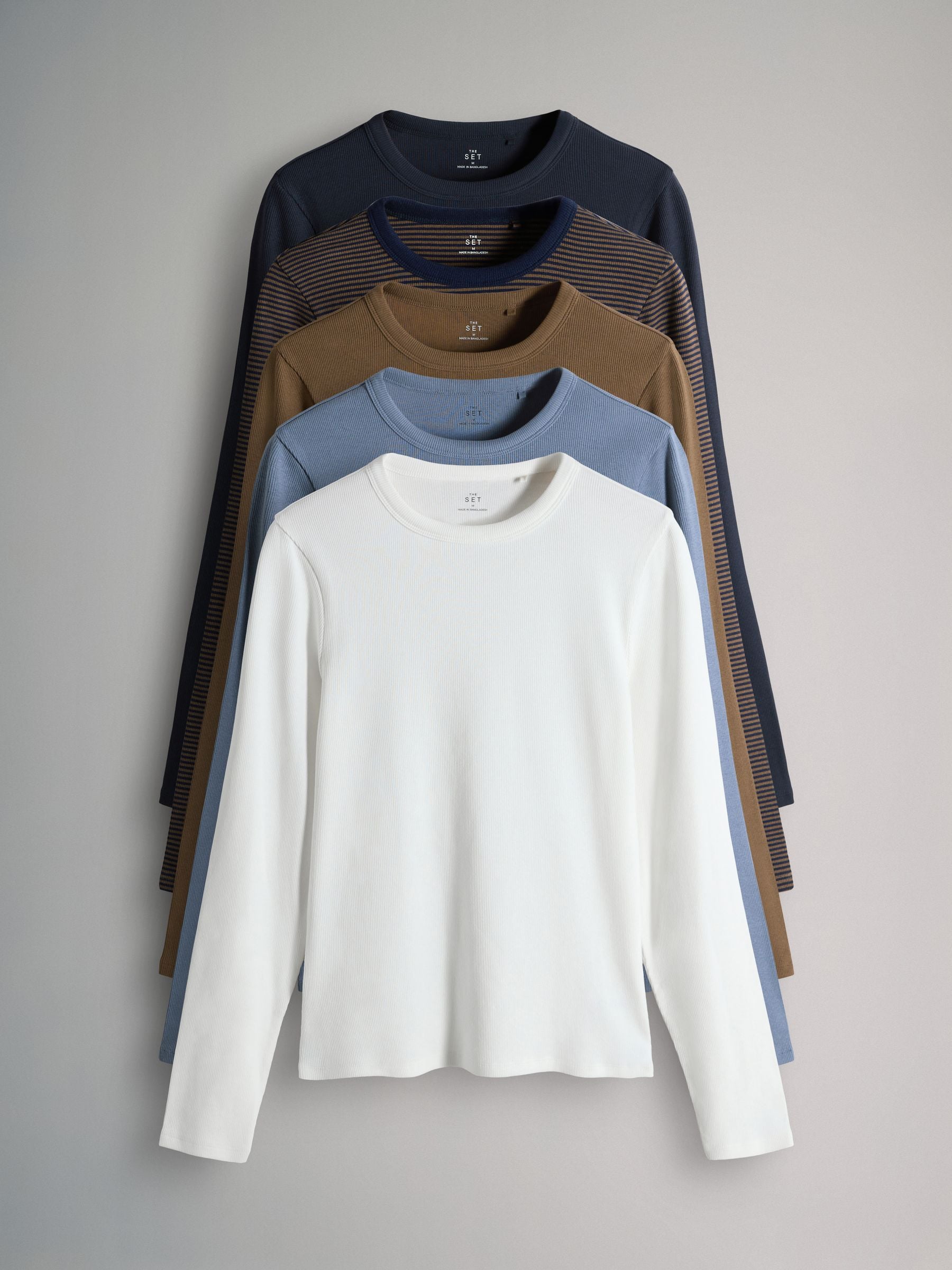 Crème/Blauw/lichtblauw/Bruin/Strepen - The Set van 5 geribbelde T-shirts met lange mouwen