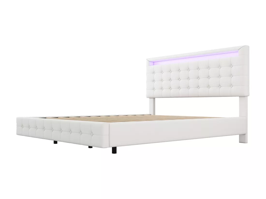 Lit adute 140x200cm en similicuir - avec LED et télécommande - Blanc