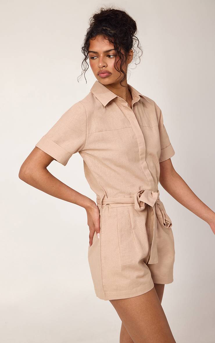 Taupe Combi-short Cargo Aspect Lin Avec Ceinture À Nouer À La Taille