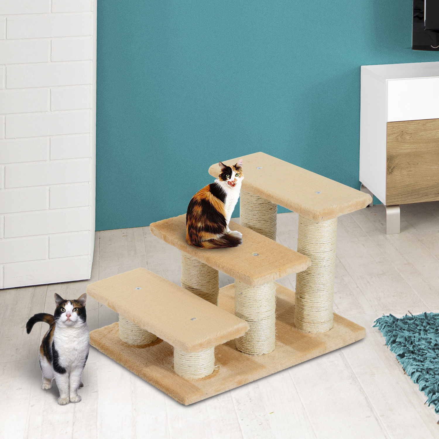 PawHut Katzenteppe mit 3 Stufen beige 45 x 35 x 34 cm (LxBxH)