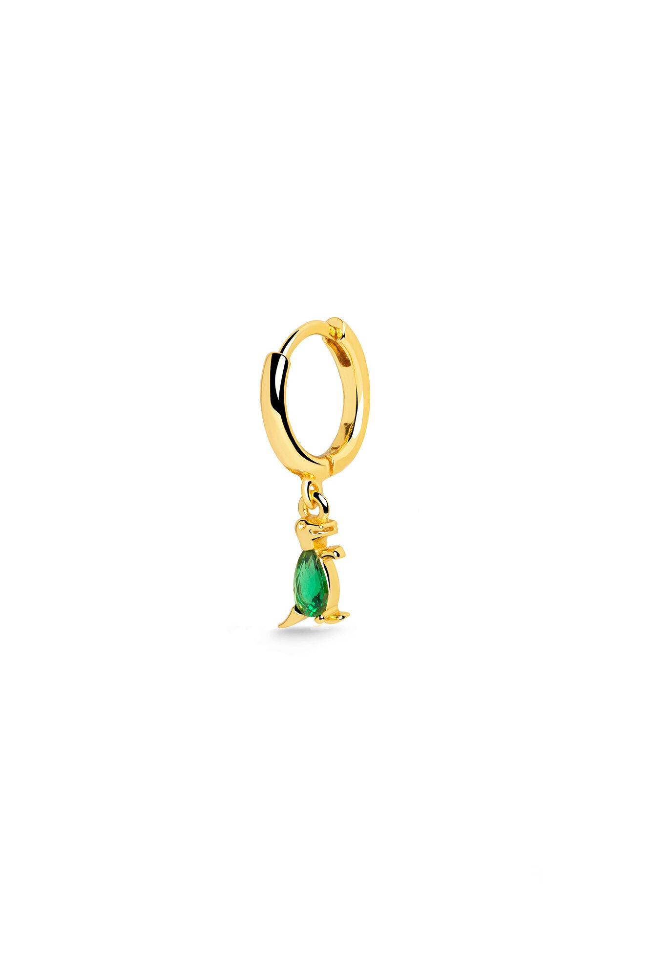 Brinco de argola solto com dinossauro T-Rex verde e dourado