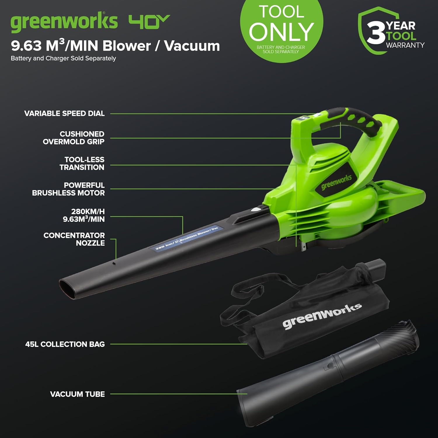 Greenworks GD40BV Akku Laubsauger / Laubbläser mit bürstenlosem Motor, 280 km/h, 9,63 m³/min, 45L Fangsack OHNE 40V Akku & Ladegerät, 3 Jahre Garantie