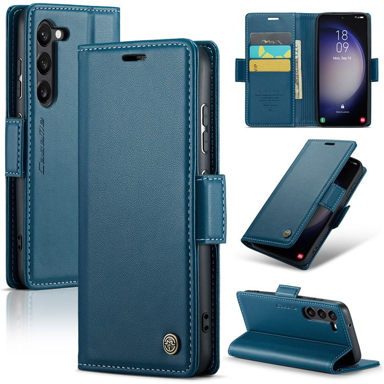 Samsung Galaxy S24 Leder Tasche Flip Wallet Etui mit Kartenfächern Litchi Look (RFID Schutz) - Blaugrün