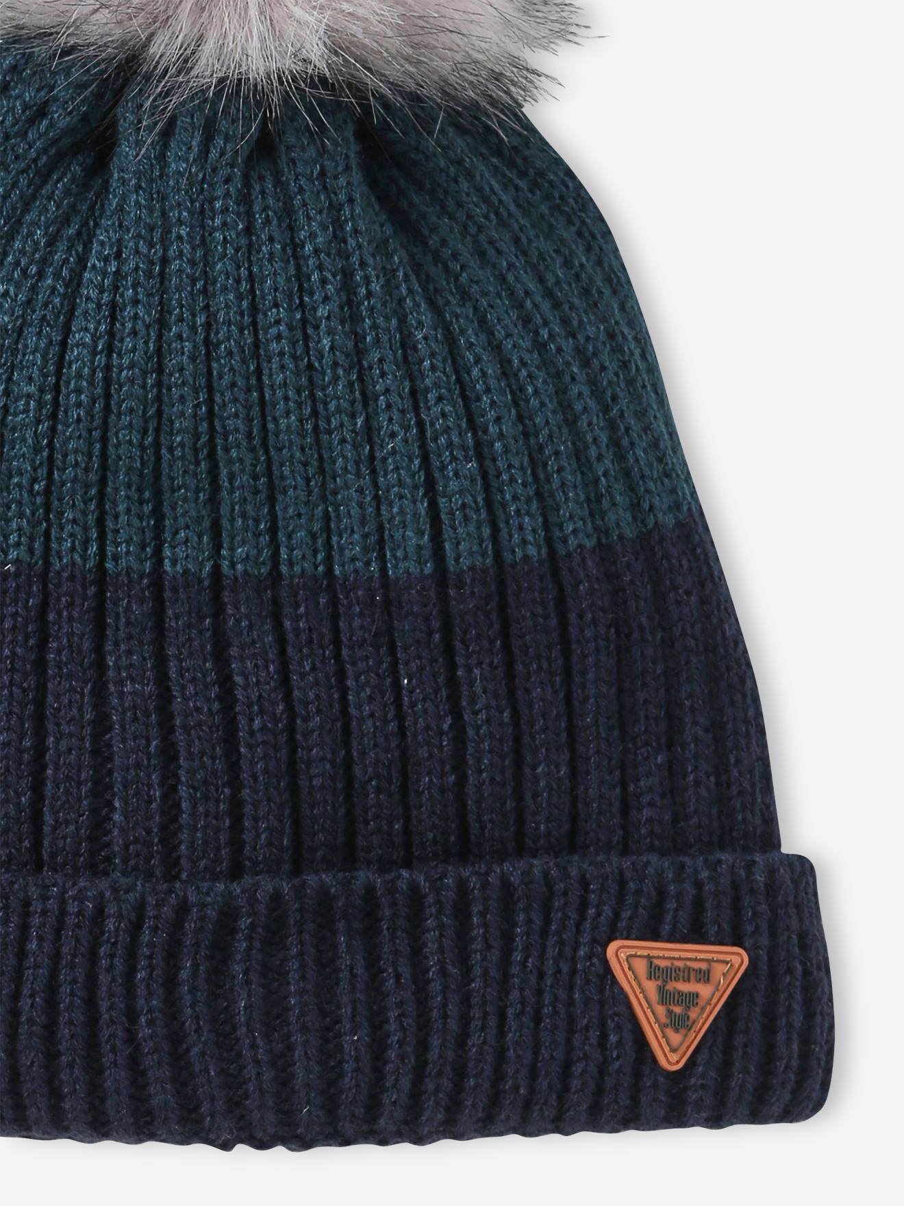 Gorro de tricô bicolor para meninos, azul escuro, bicolor/multicolorido