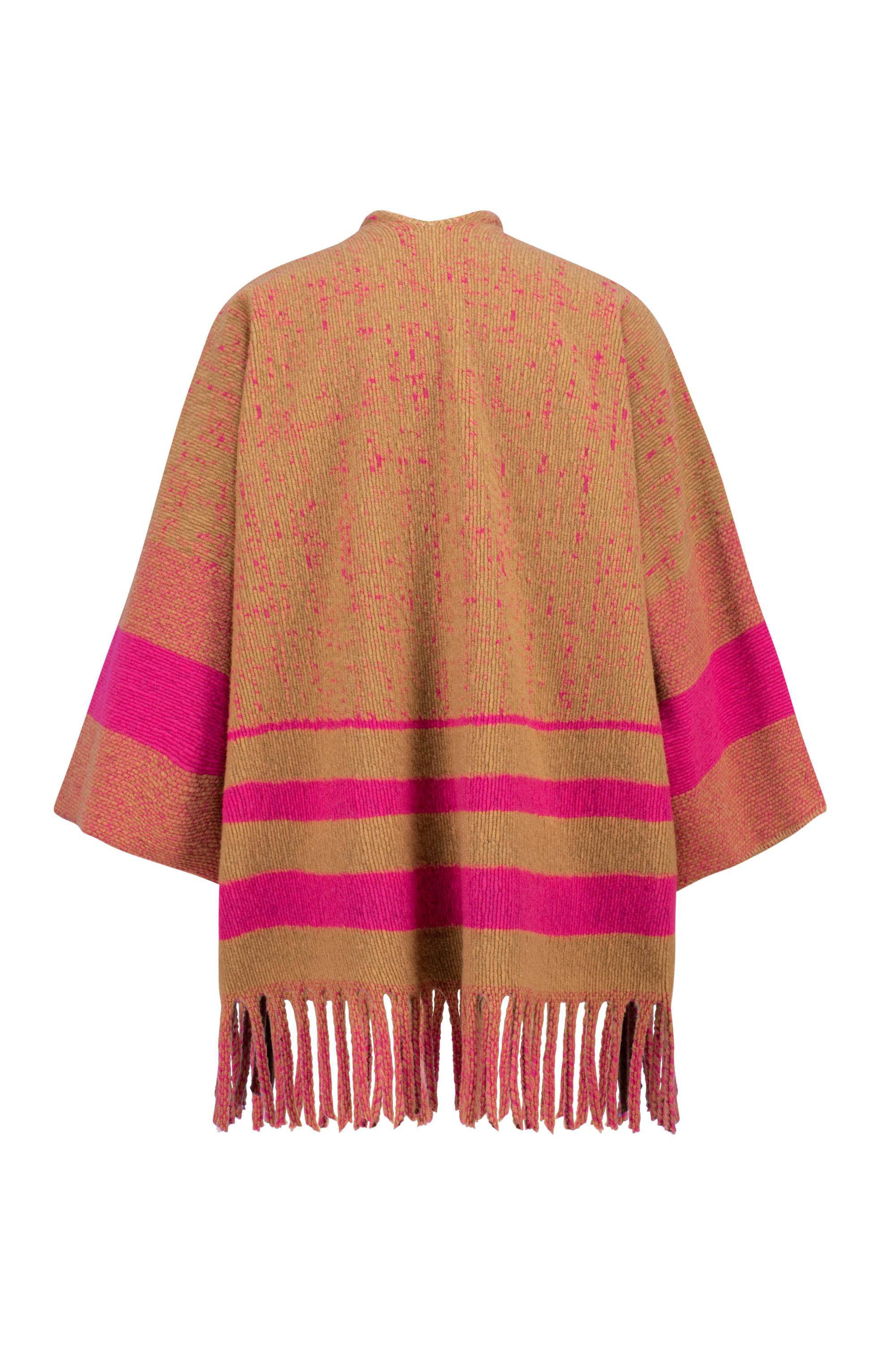 Expresso poncho met franjes bruin/roze