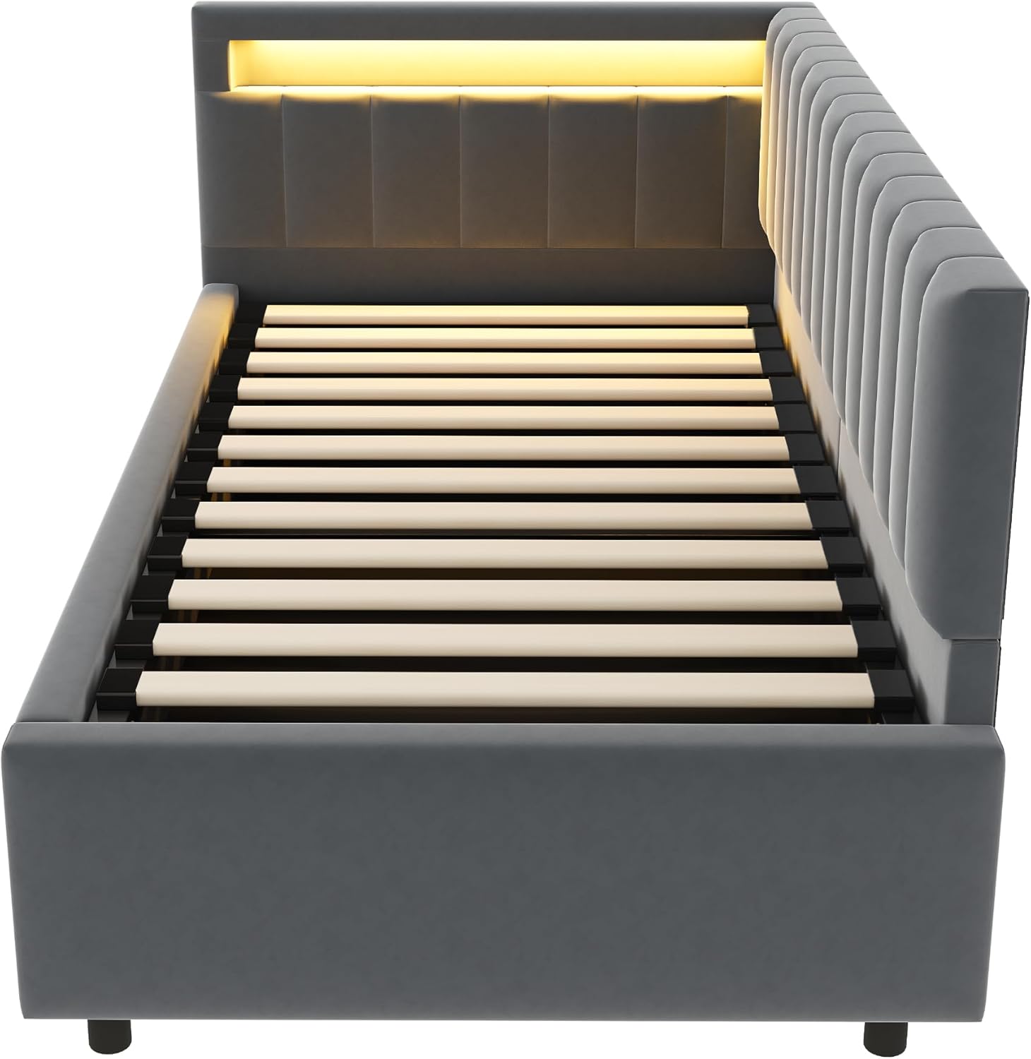 ANIROY Kinderbett Polsterbett 90 x 200 cm, Schlafsofa Einzelbett mit LED und Hydraulischem Stauraum, Daybett Tagesbett Sofabett mit Abnehmbarer Rückenlehne und Lattenrost, ohne Matratze (Dunkelgrau)