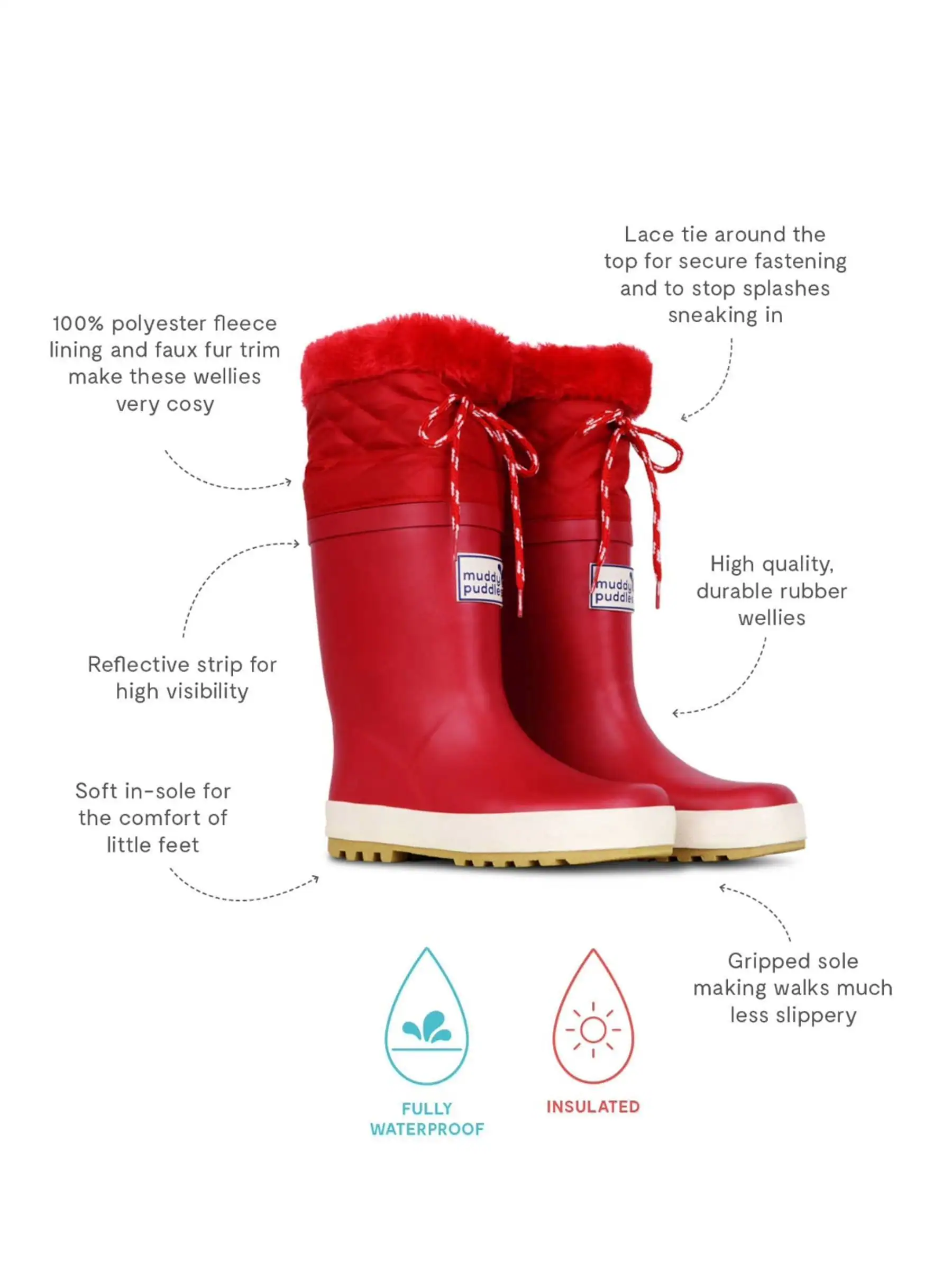 Rood - Muddy Puddles Fleece Lined Puddleflex Wellies