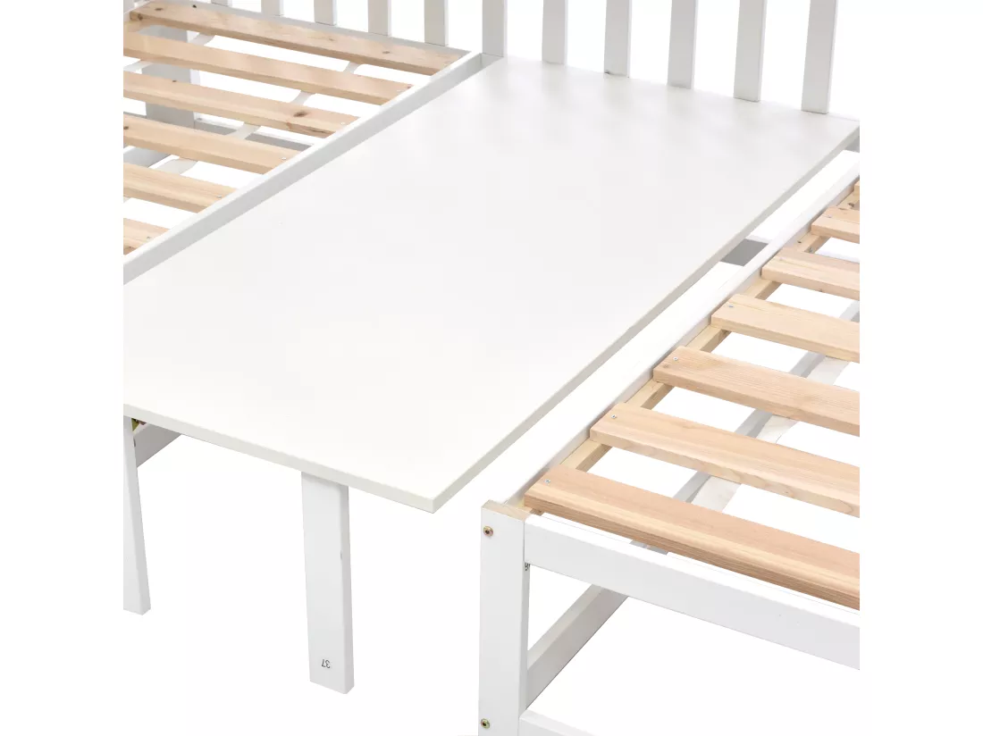 Lit mezzanie 90x200cm+120x200cm en pin massif avec table et canapé + sommiers à lattes - Blanc