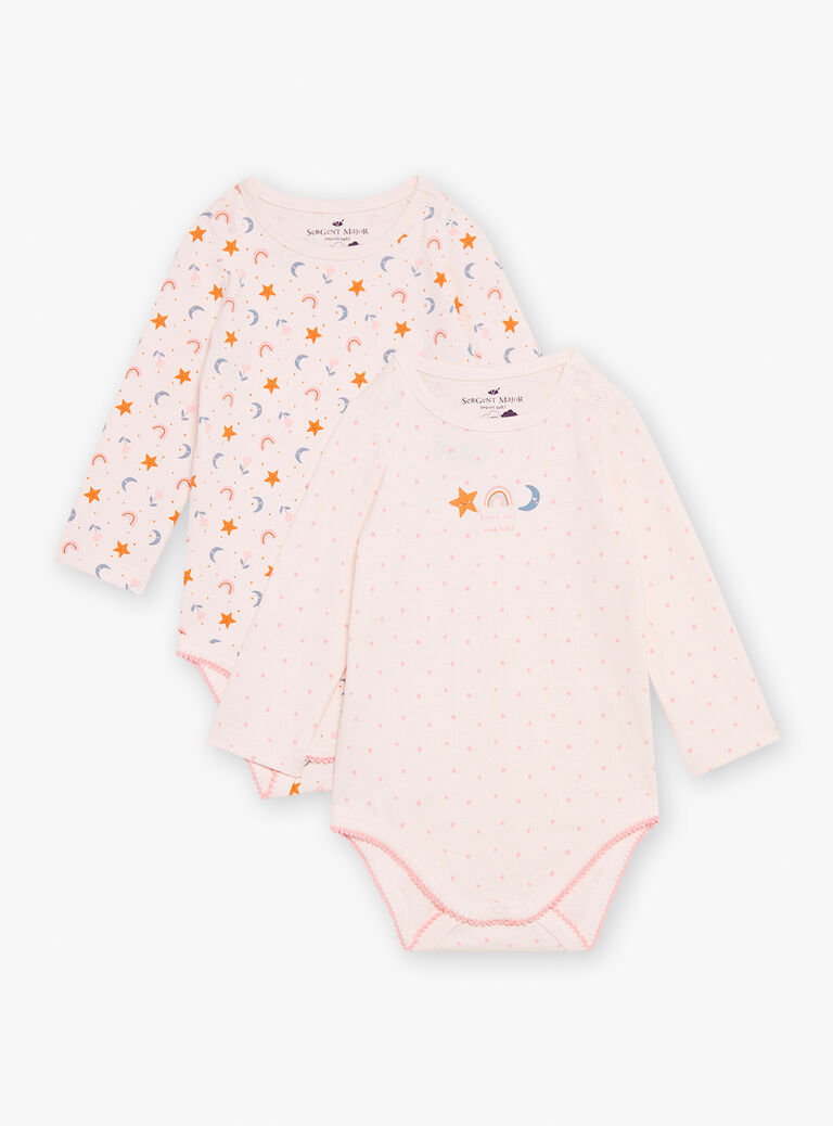 2 bodies blush en coton bio à imprimé et à motifs étoiles, lunes, arc-en-ciel et fleuri