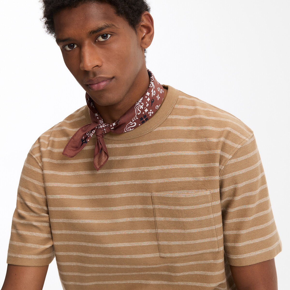 COLEÇÃO LA REDOUTE<br>Camiseta de gola redonda e manga curta com listras azul-marinho