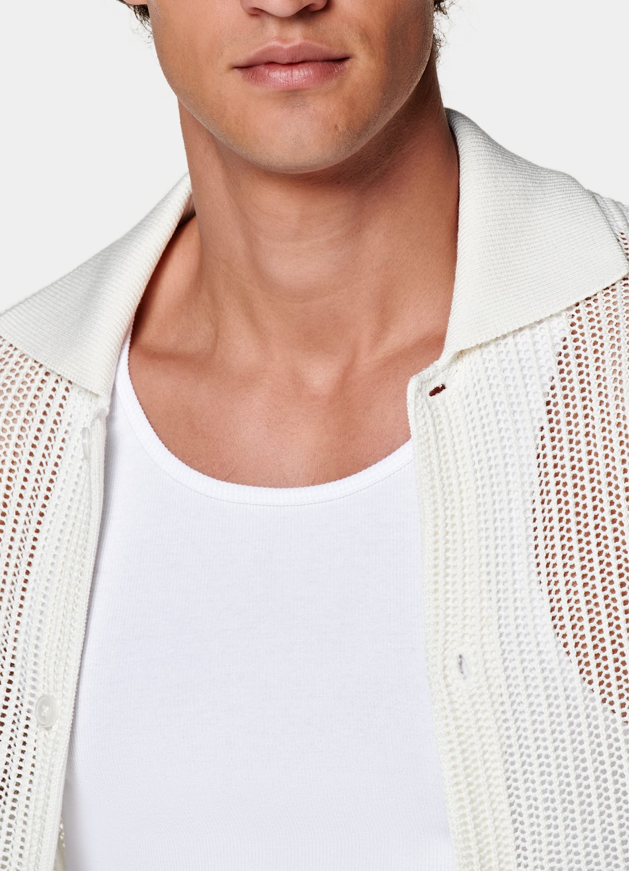 Cardigan col polo en crochet blanc cassé