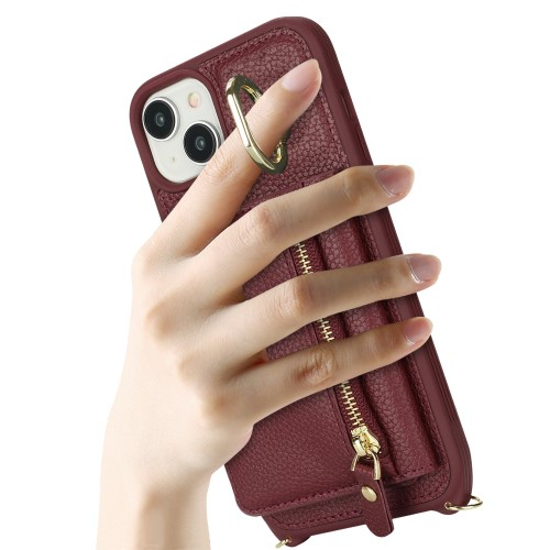 iPhone 14 / iPhone 13 Necklace Leder Hülle mit Münzfach und Kartenfächer   Finger Griff Halterung   Handykette - Weinrot