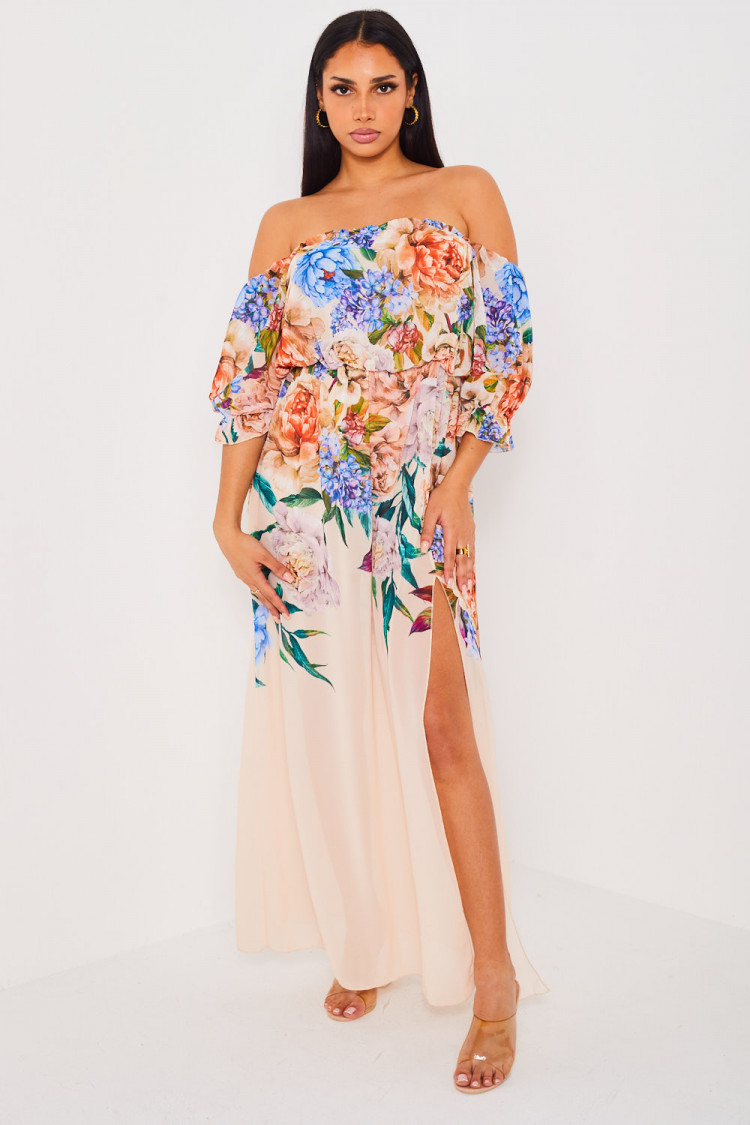 Robe beige longue en voile à fleur