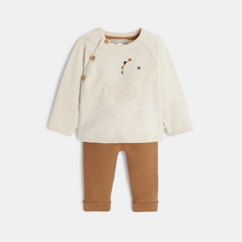 Pull dinosaure et pantalon maille tricot beige naissance
