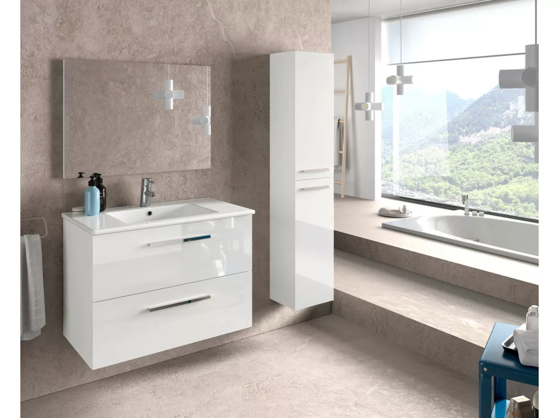 Colonne de salle de bain Dabado, Armoire colonne de salle de bain avec 2 portes, Armoire murale suspendue avec 2 étagères, 30x25h150 cm, Blanc brillant