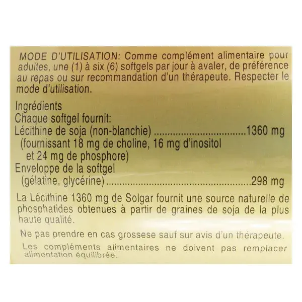 Lecitina Solgar 1360mg 100 cápsulas