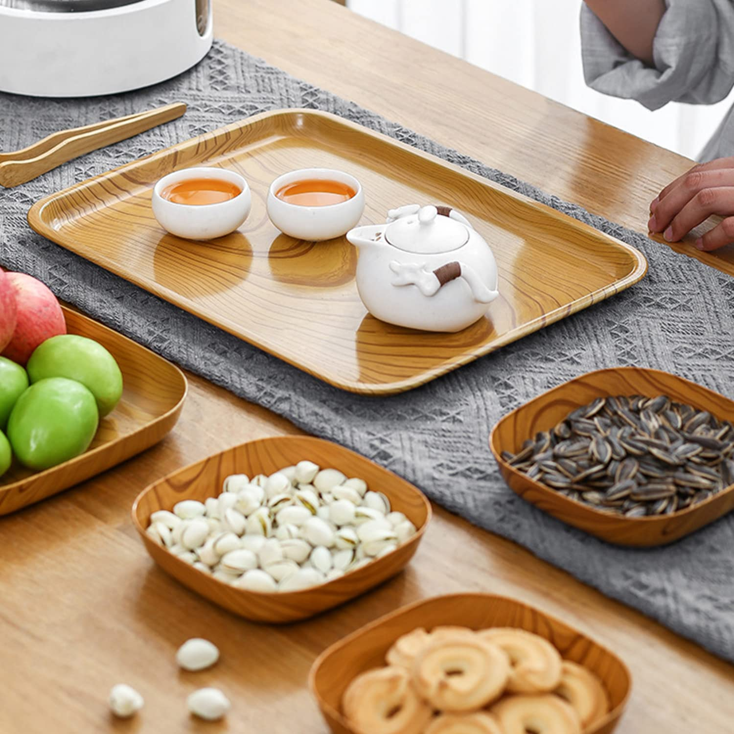 (13-tlg. Set) Serviertablett Küchen Snack Tablett inkl. Schälchen   Teller in Holz Optik - Braun
