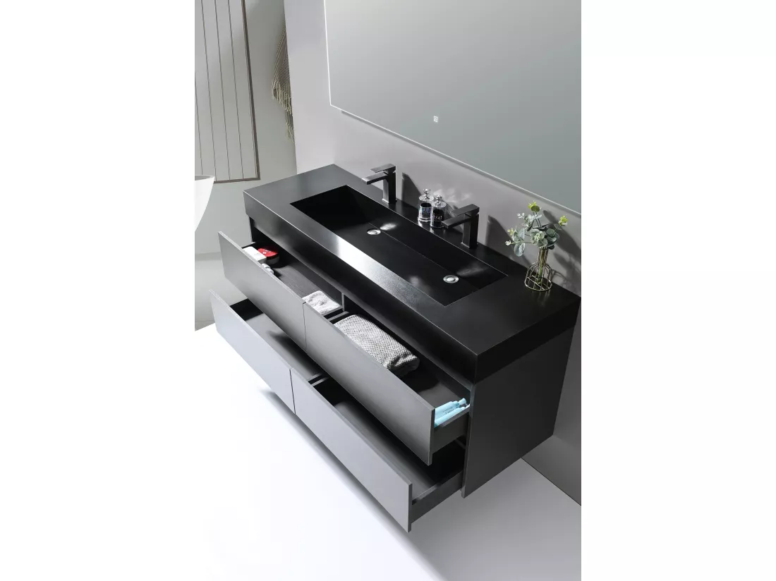 LuxuryBain- Meuble de salle de bain double vasque 140cm gris et noir avec miroir LED LB-8476S