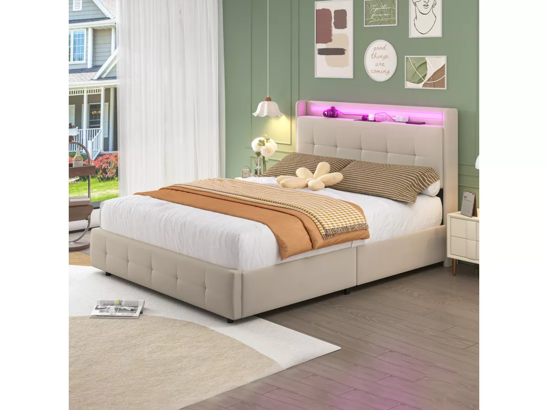Lit double rembourré 140x200 cm Lit adulte avec lit gigogne éclairage LED 2 tiroirs ports USB et sommier à lattes - beige
