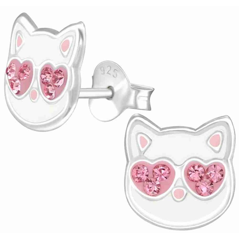 Boucle d'oreille chat aux yeux coeurs rose en argent 925/1000