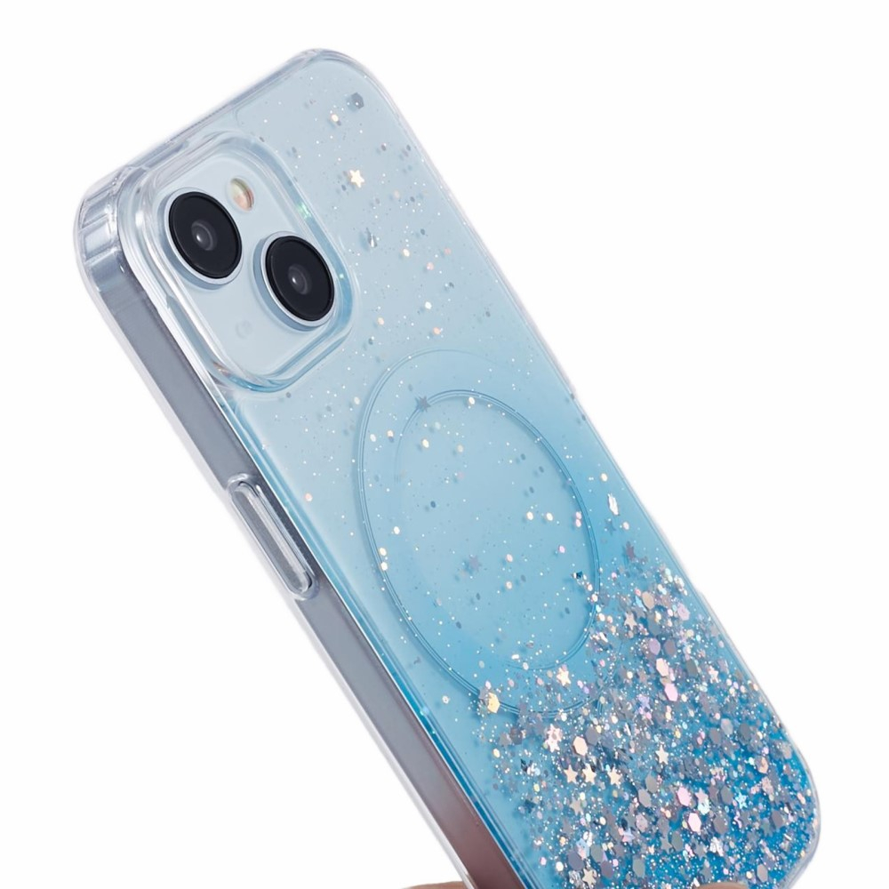 iPhone 15 MagSafe Hülle mit Acryl Rückseite und Farbverlauf im Glitzer Design - Blau