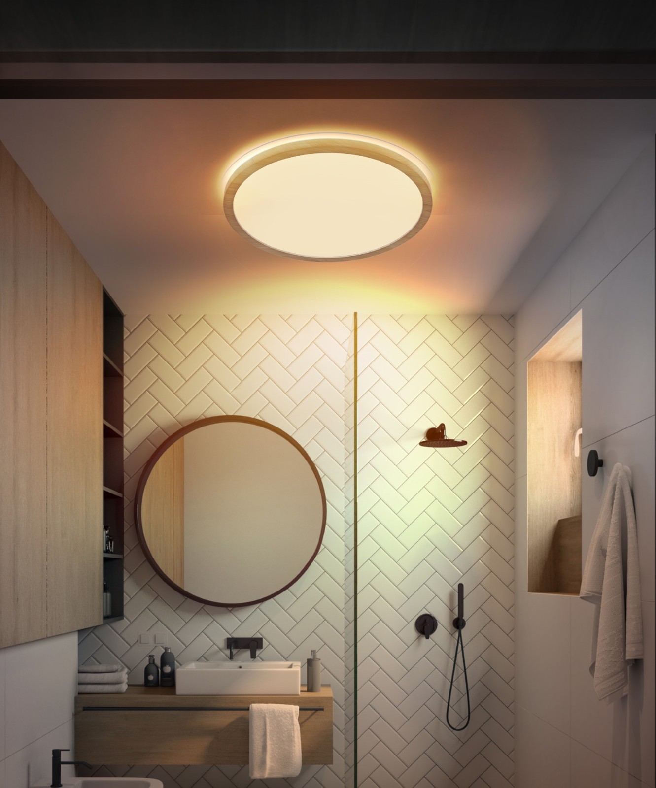 LED-Deckenleuchte - holzfarben - Memoryfunktion - Ø 42 cm