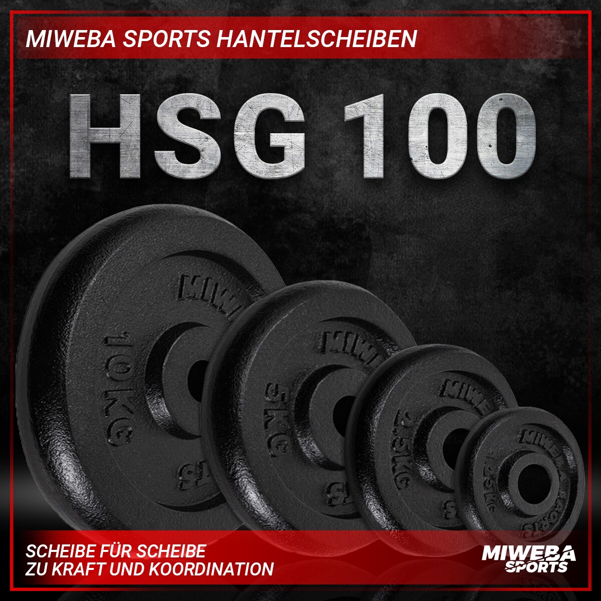 Miweba Sports Hantelscheiben HSG100, 2x 10 kg Hantel-Gewichte, passend für Ø 30mm, Set, Gusseisen