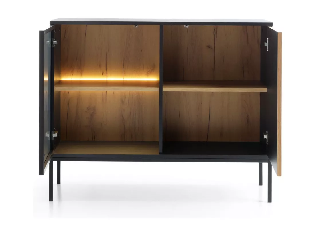Buffet à deux portes avec éclairage LED - 104 cm - Noir/Chêne Wotan- TOSENA