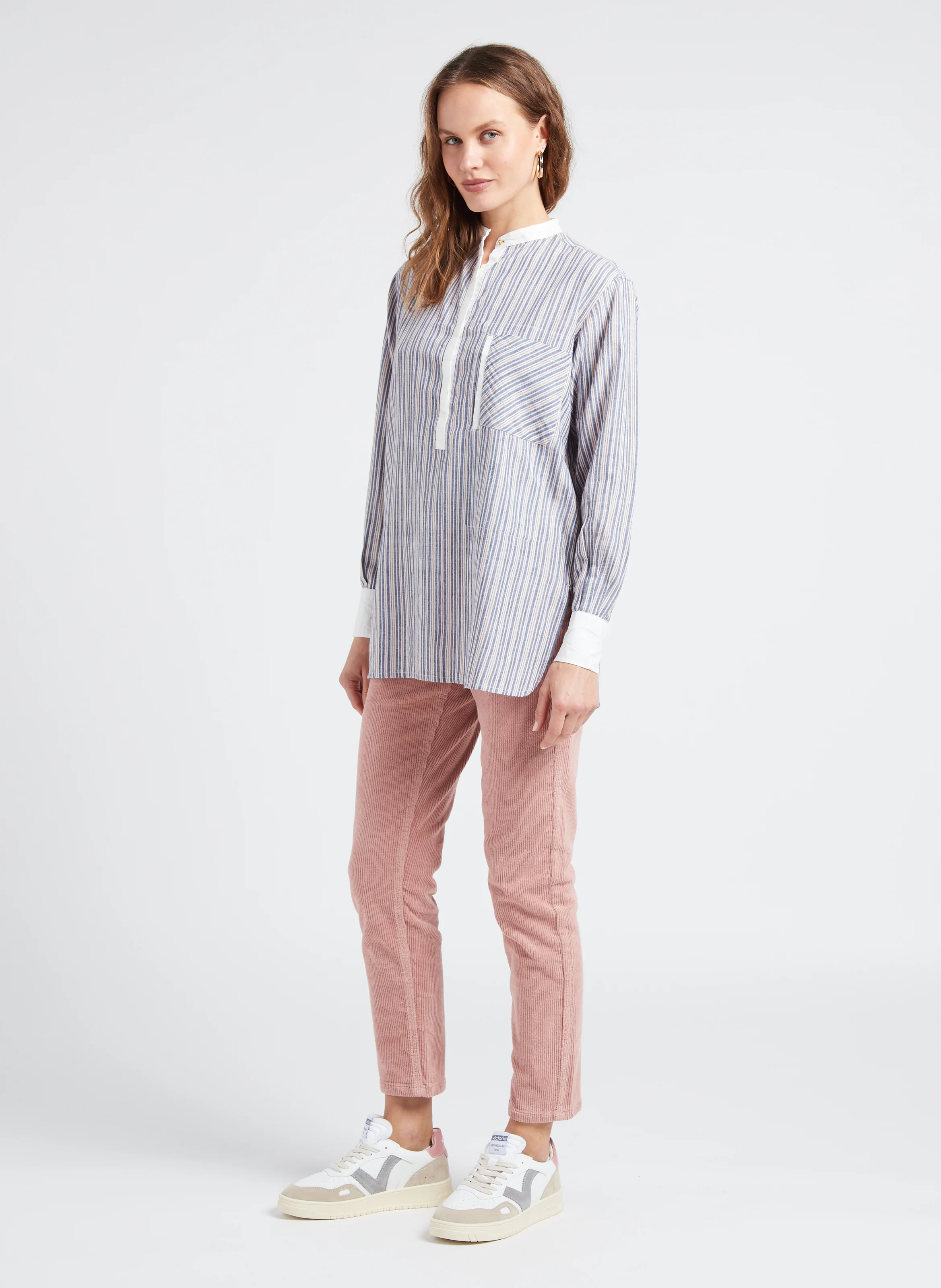 LORI - Blouse ample col mao en coton | Bleu