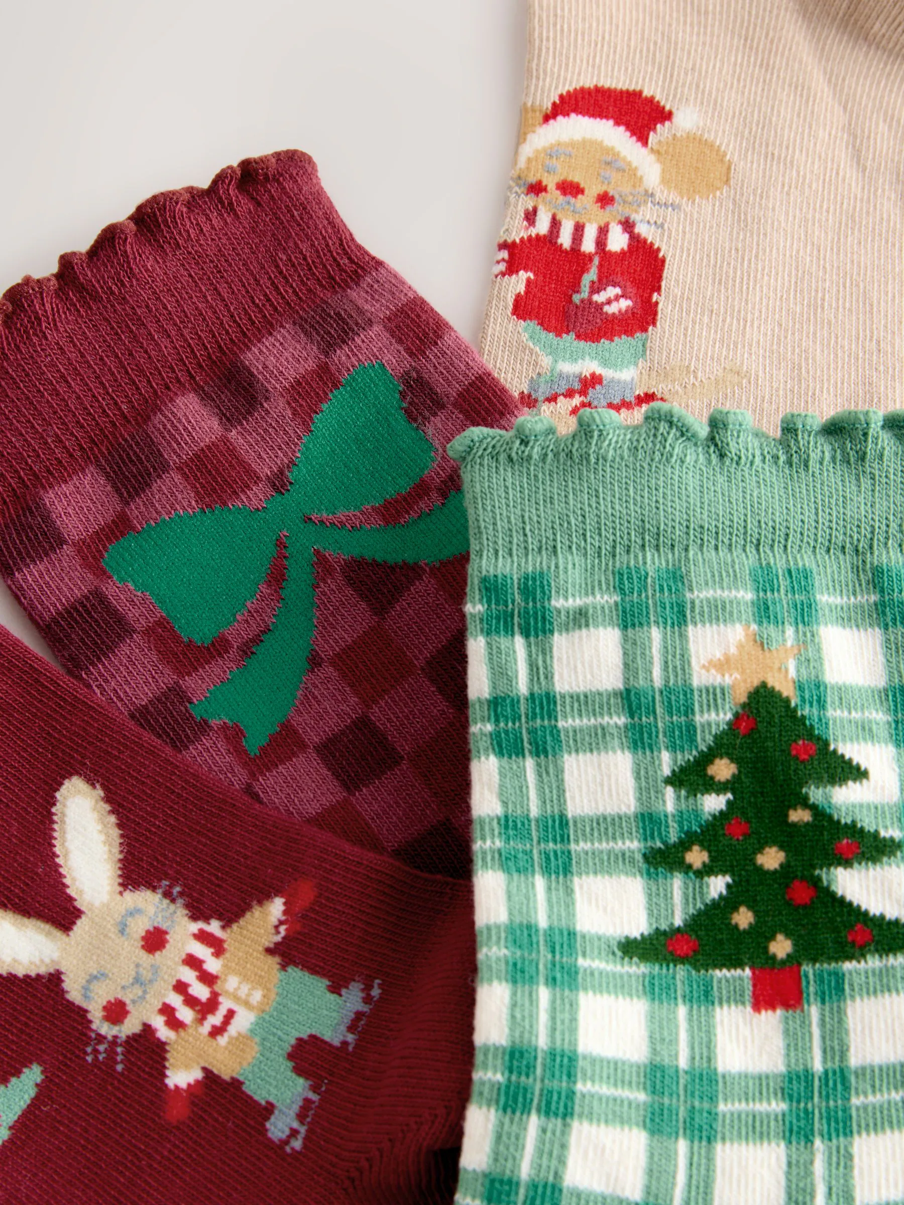 Rood/groen en crème - Katoen Rich Christmas Character enkelsokken set van 4