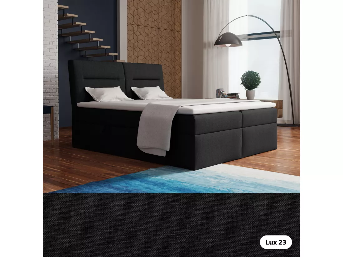 LE LIT BOXSPRING Moderno avec coffres de lit et surmatelas, en tissu Lux 23 (noir), 140x200 cm.