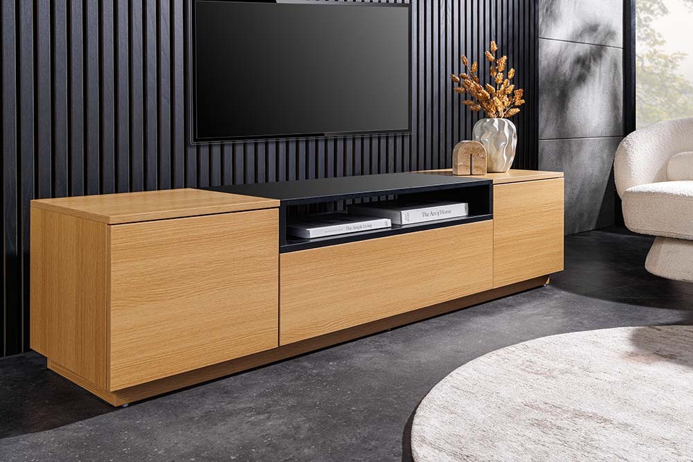 Modernes TV-Board LOFT 160cm natur schwarz drei Fächer mit Schublade