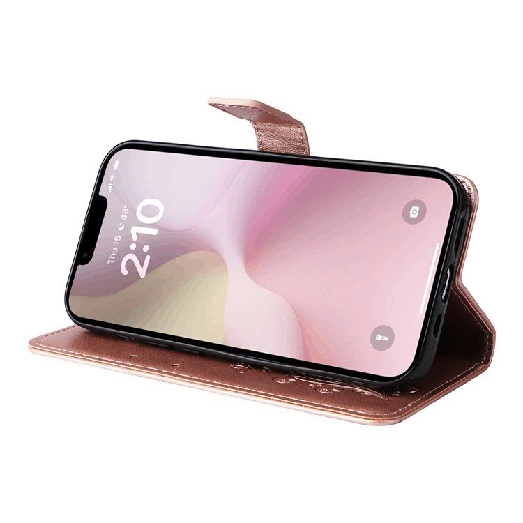 iPhone 16e Leder Tasche mit Kartenfach   Handschlaufe Schmetterling - Roségold