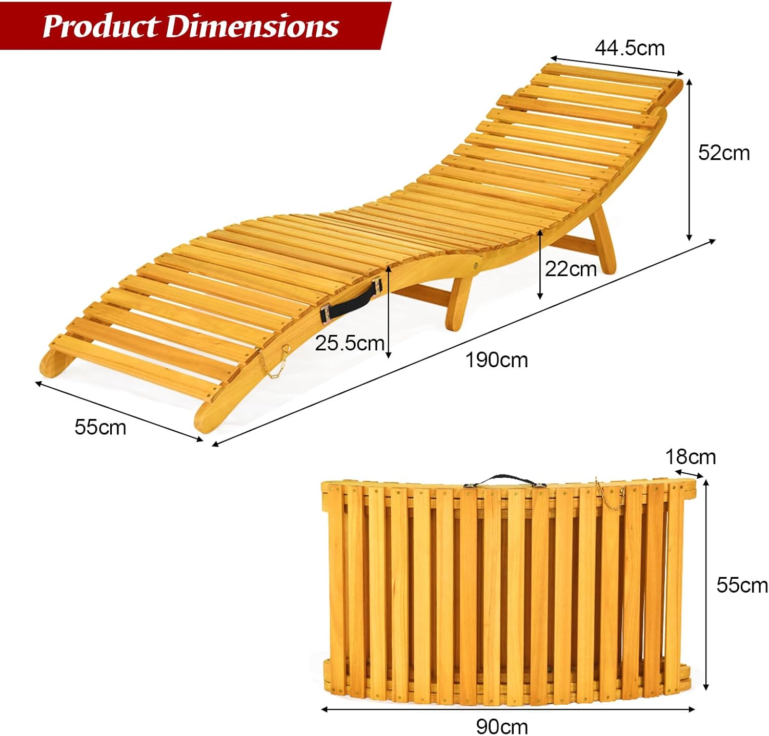 COSTWAY Sonnenliege klappbar mit Auflage, Gartenliege Holz mit klappbarer Kopfstütze, ergonomischer Liegestuhl, Terrassenliege bis 180 kg belastbar, Holzliege für Garten, Terrasse, Hinterhof